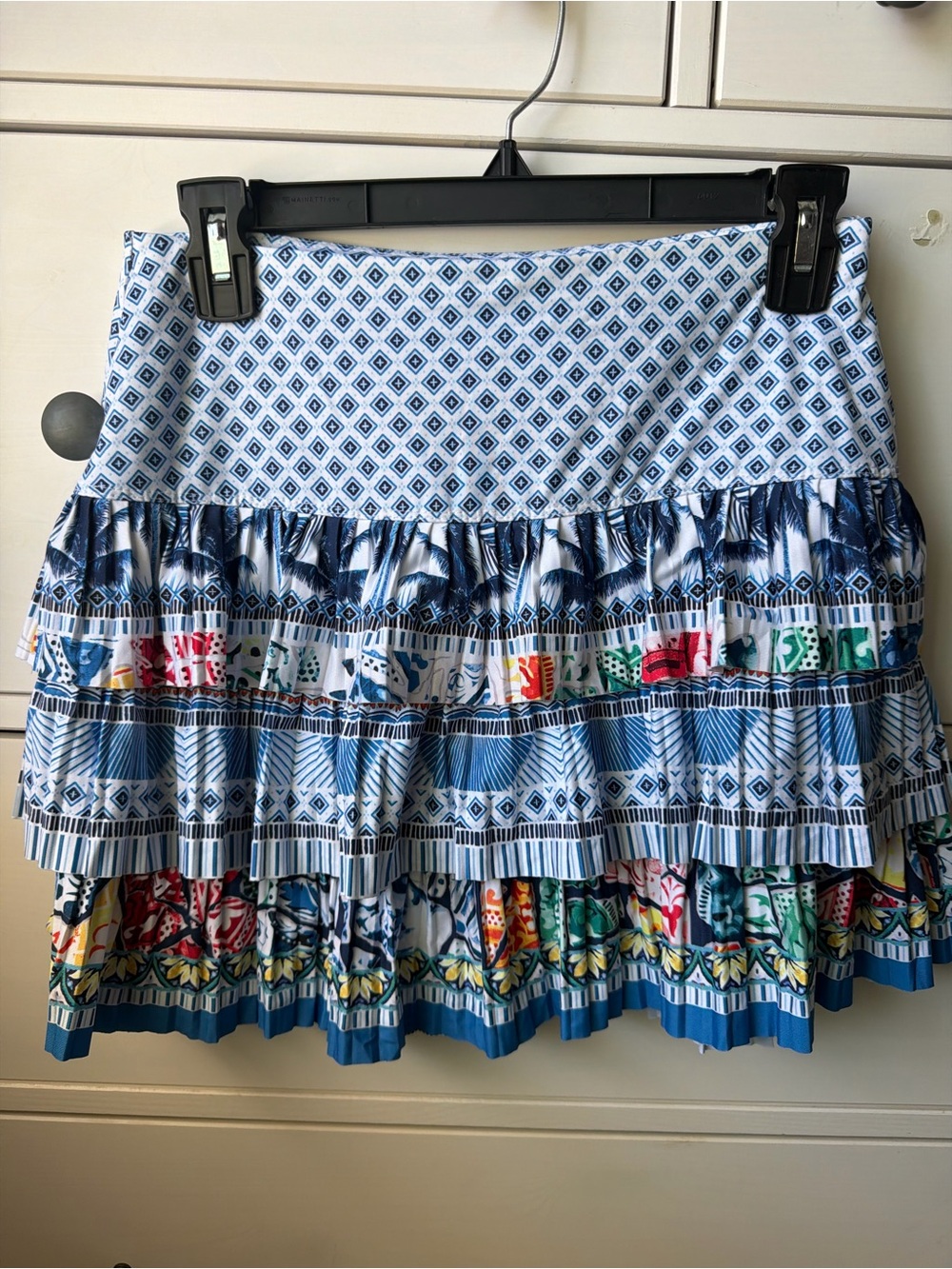 Lucky in Love Blue Patterned Tiered Mini Skirt with Multicolor Trim
